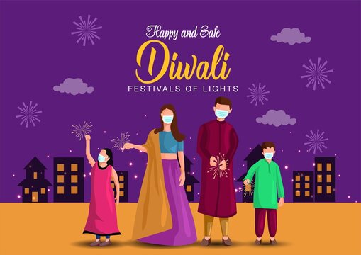 Vector Illustration Of Hindu Family Celebrating On Happy Diwali Indian Holiday Background. Covid 19, Corona Virus Concept