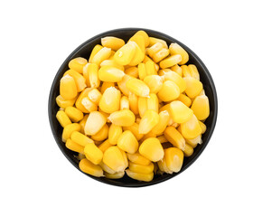 sweet corn in bowl isolated on white background, top view