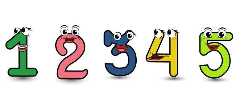 Funny hand drawn cartoon styled alphabet font colorful numbers 1 2 3 4 5 set with smiling faces vector alphabet illustration isolated on white