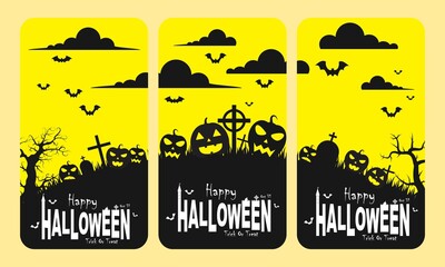 Halloween illustration yellow and orange and dark vector background, horror, lantern, pumpkin, tree, house, bat, moon, etc. Good for web backgrounds, cards, posters, greeting cards, etc.