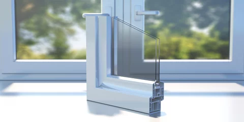 Fotobehang PVC aluminum profile frame double glazing cross section on a closed window sill. 3D illustration © Rawf8