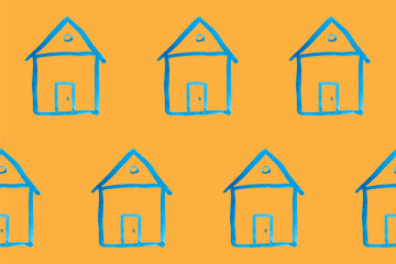 Seamless pattern with blue house icon on orange backboard. Cartoon style baby illustration. Architecture, construction, village, homepage. Creative kids city texture for fabric, wrapping or textile
