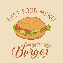 Vector illustration of a vegetarian Burger in the style of a sketch on a craft background.