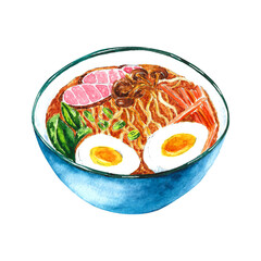Watercolor Hand Drawn Food Illustration Ramen Noodle Soup Bowl Isolated on White Background