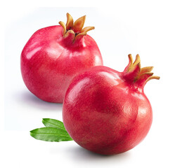 Two pomegranates with leafs isolated white background