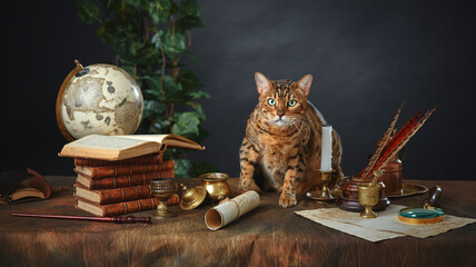 Bengal cat, vintage items, books and manuscripts on the table on a dark background. Space for your...