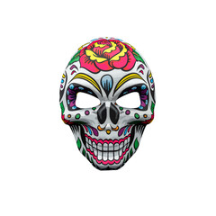 Halloween mask representing a traditional mexican skull with colorful floral pattern.