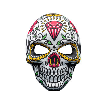 Halloween mask representing a traditional mexican skull with colorful floral pattern.