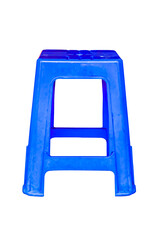 One blue plastic chair on white floor.