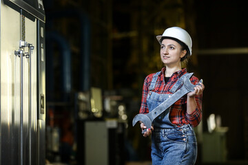 Young girl in a work dress and white hard hat holding big wrench and hummer in a factory. Woman in a work uniform. Working process.