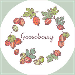 Frame with Gooseberries, berries, leaves. Graphic hand drawn flat style. Doodle illustration for packaging, menu cards, posters, prints. Isolated over white background.