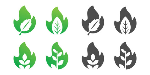 set of fire and leaf negative space logo design