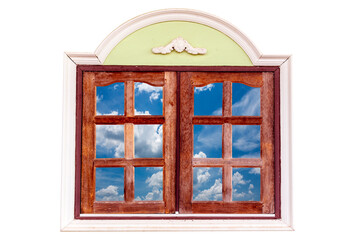 Wooden window frame with beautiful sky