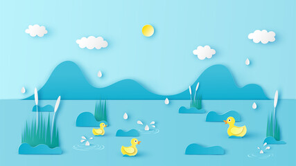 Fototapeta na wymiar Natural scenery in Summer with drizzle and yellow ducks swimming in the river. paper cut and craft style. vector, illustration.