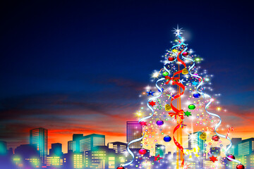 夕暮れの街並みとクリスマスツリー