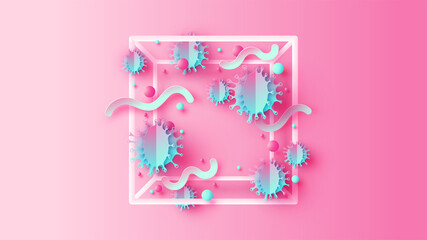 Coronavirus COVID-19 under the microscope floating around inside square frame with blank space. paper cut and craft style. vector, illustration.