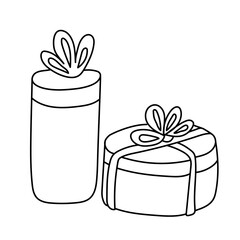 Gift boxes  tied with ribbons  in doodle sketch style. Hand drawn vector illustration on white background. Isolated black outline. Great for Christmas, Birthday design.