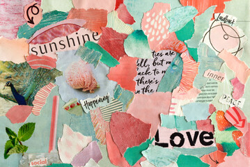 Atmosphere mood board collage sheet made of waste paper in pink and turquoise colors with summer...