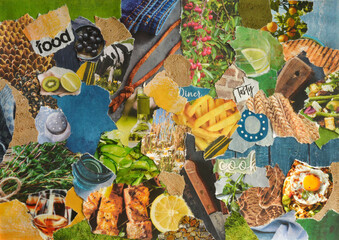 Atmosphere mood board collage sheet made of waste paper with organic food concept results modern art