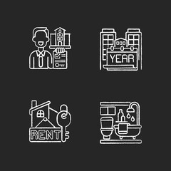 Realtor agency chalk white icons set on black background. Year built. Rental price for home. Bath room in house. Residential accommodation for living. Isolated vector chalkboard illustrations
