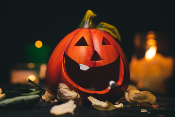 Orange pumpkin for halloween in a mysterious setting with dry rose petals