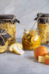 Conserved mushrooms (amanita caesarea). Homemade mushrooms conservation