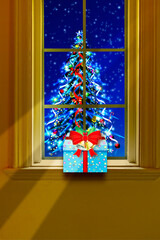 窓辺に置かれたクリスマスプレゼント