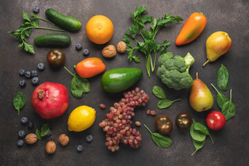 Vegetables and fruits on brown background. Supermarket shopping fresh food. Healthy food for immune system