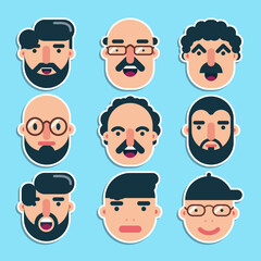 Set of cute male faces flat design
