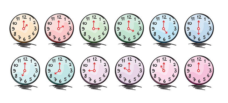 clock set. hand drawn colorful clocks
