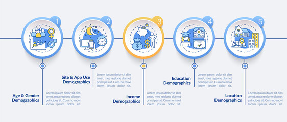 Audience insight vector infographic template. Age, gender, income demographics presentation design elements. Data visualization with 5 steps. Process timeline chart. Workflow layout with linear icons