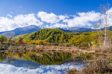 秋の乗鞍高原　まいめの池と冠雪した乗鞍岳