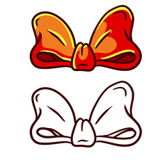 Red bow. Set of color and black and white objects. Cartoon illustration. Clothing decoration and women hair accessories