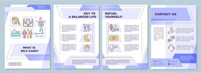 What is self care brochure template. Refuel yourself. Flyer, booklet, leaflet print, cover design with linear icons. Vector layouts for magazines, annual reports, advertising posters