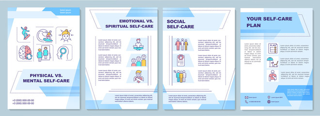 Physical vs mental self-care brochure template. Flyer, booklet, leaflet print, cover design with linear icons. Vector layouts for magazines, annual reports, advertising posters