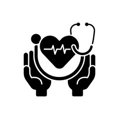 Health care black glyph icon. Medical social services. Healthcare system. Preventing and managing disease. Emergency medical aid. Silhouette symbol on white space. Vector isolated illustration