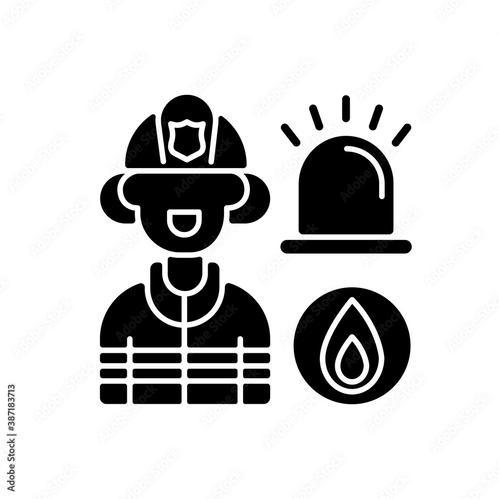 Sticker Firefighters black glyph icon. First responders. Fire-related call. Fire department. Fireman, firewoman. Emergency response. Silhouette symbol on white space. Vector isolated illustration