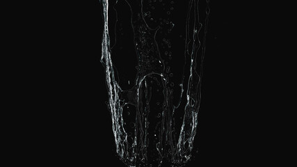 abstract vertical transparent water splash overlay explosion crown shape on black.