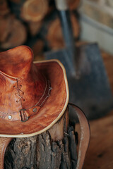Leather hat lies on tree stump