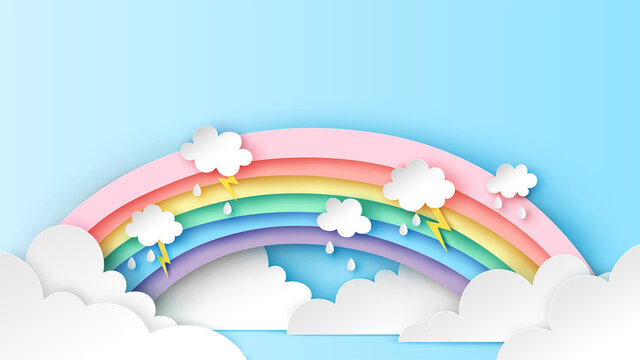 Backdrop of rainbow on the clouds in rainy season. Abstract Rainbow in the rainy season. paper cut and craft design. vector, illustration. 