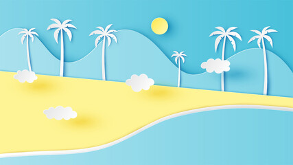 Fototapeta na wymiar Summer sea scenery with coconut trees, beach and clear sky. Sea landscape. Summer time. Paper cut and craft style. vector, illustration.