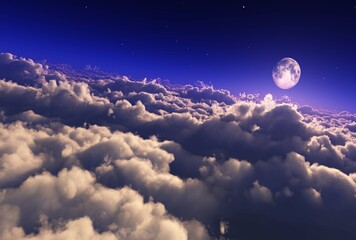 Naklejka na ściany i meble Beautiful lunar landscape, the moon above the clouds, moonrise among the clouds, 3D rendering