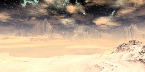 Alien Planet. Mountain and lake. 3D rendering