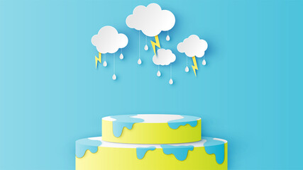 Circular stage podium for rainy season with water splash decorated with clouds, rain drops, lightning and blank space. paper cut and craft style. vector, illustration.
