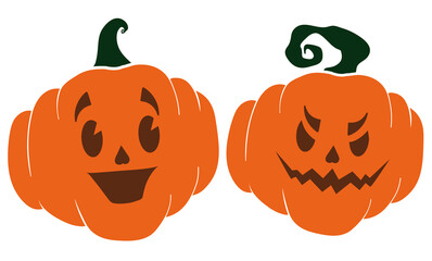 Flat Pumpkins with Happy and Mischievous Expressions, Vector Illustration