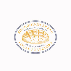 Sourdough Bread Frame Badge or Logo Template. Hand Drawn Loaf Sketch with Retro Typography and Borders. Vintage Premium Oval Emblem.