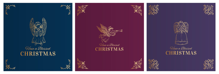 Merry Christmas Abstract Vector Classy Labels, Signs or Cards Templates Set. Hand Drawn Golden Angels Silhouettes Sketch Illustrations Collection with Typography