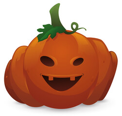 Isolated Fresh Pumpkin with Smiling Carved Face and Leaf, Vector Illustration