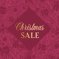 Christmas Sale Discount Hand Drawn Rhombus Sketch Pine or Spruce Wreath, Banner or Card Template. Abstract Holiday Promo Vector Illustration with Golden Glitter Gradient Typography. Red Background