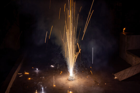 Yellow Color Flower Pots Fireworks(tubri) Burning On The Ground